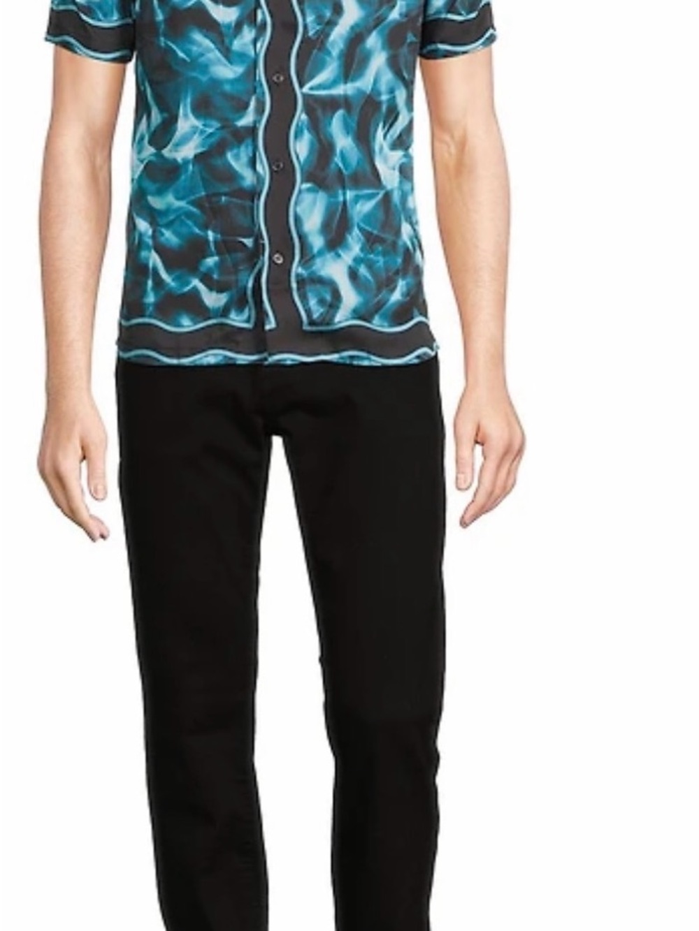 Murano Teal Blue Black slim fit water print short sleeve woven camp shirt NWT - Picture 3 of 9